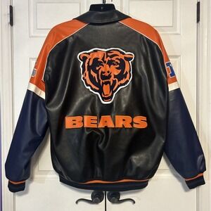 00's Chicago Bears Faux Leather NFL Varsity Bomber Jacket Size XL Y2K